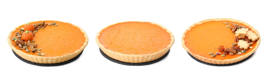 Image of Set of tasty pumpkin pies on white background, banner design 