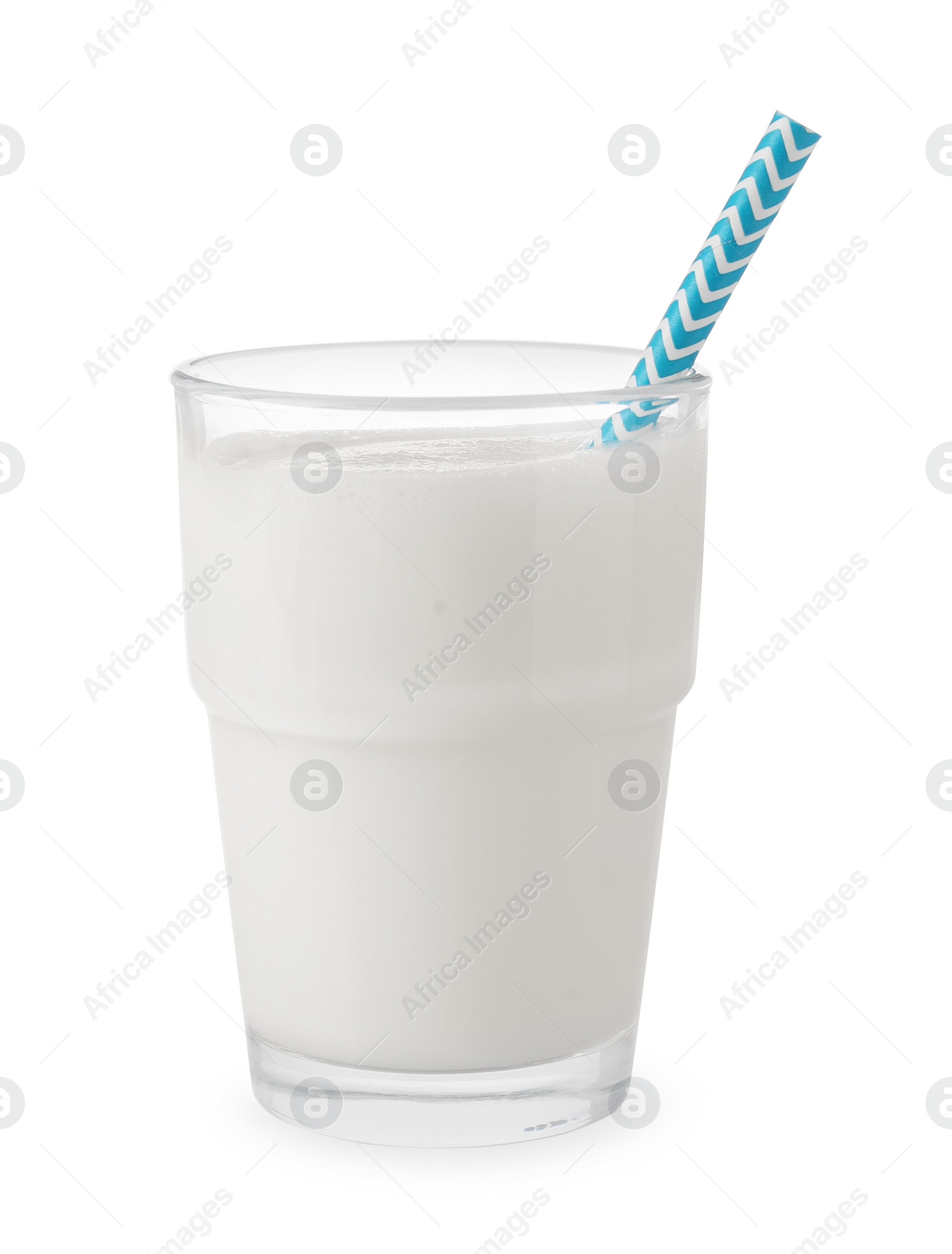 Photo of Glass of fresh milk with straw isolated on white