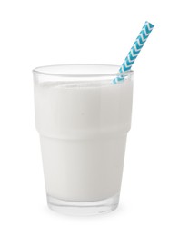 Photo of Glass of fresh milk with straw isolated on white