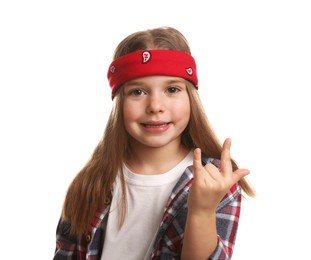 Photo of Cute little girl wearing stylish bandana on white background