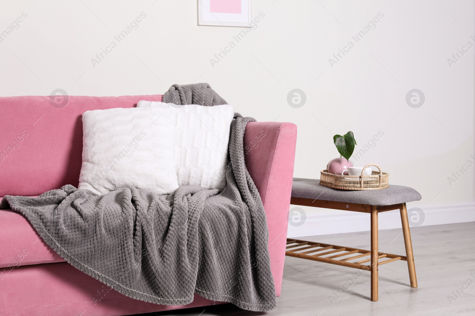 Photo of Cozy living room interior with sofa, pillows and plaid near light wall