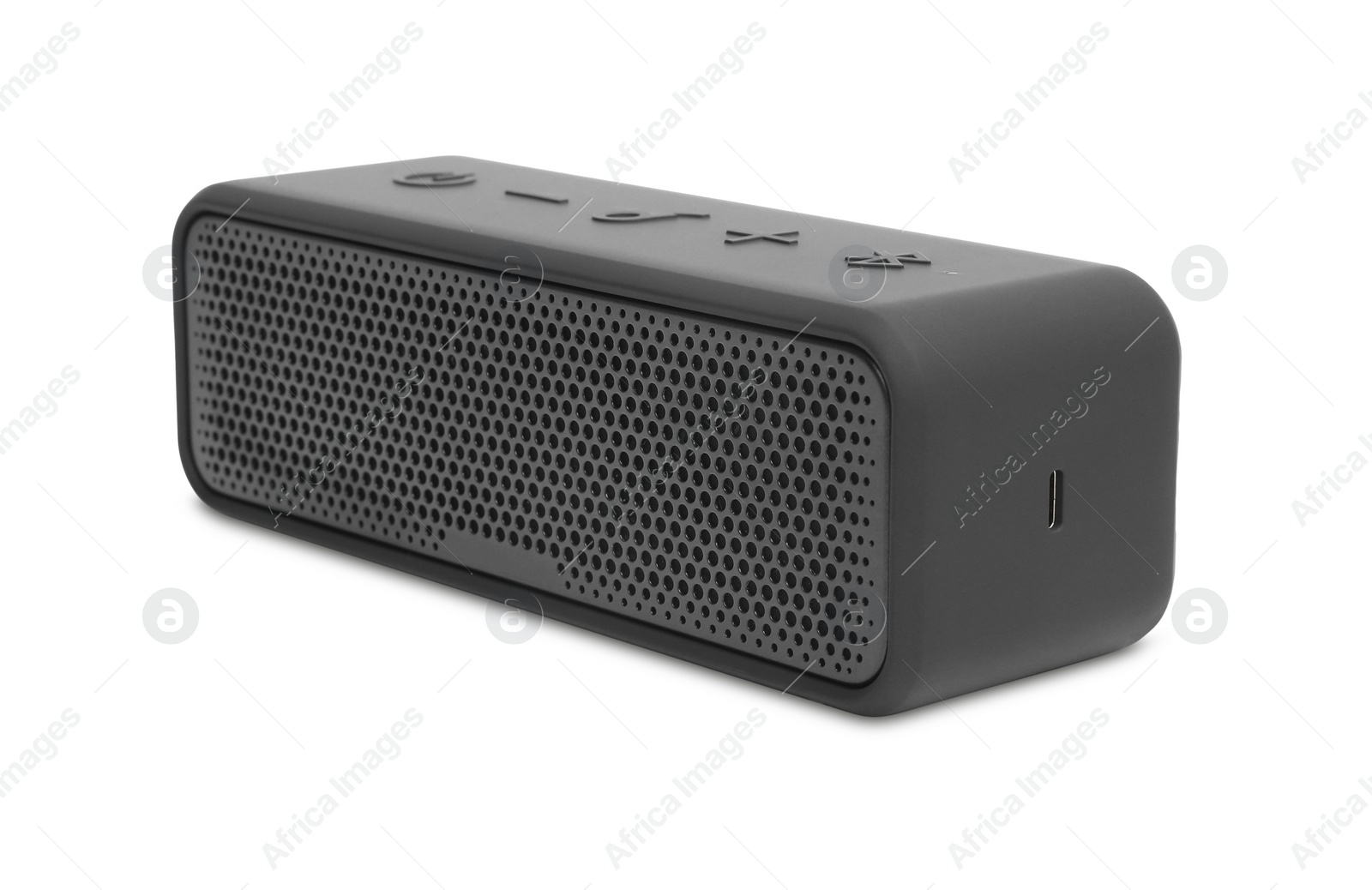 Photo of One black portable bluetooth speaker isolated on white. Audio equipment