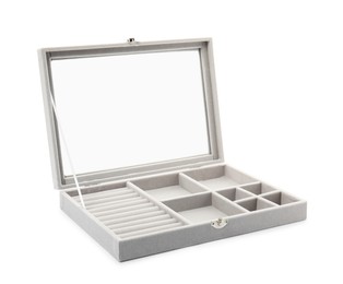 Photo of Open elegant jewelry box isolated on white