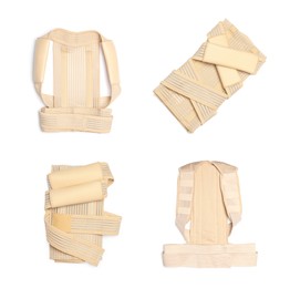 Image of Set with orthopedic corsets on white background, top view