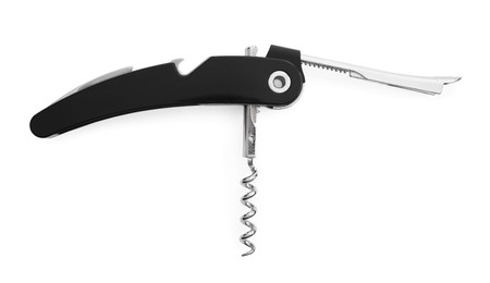 Photo of One corkscrew (sommelier knife) isolated on white, top view