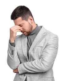 Photo of Upset businessman in suit on white background