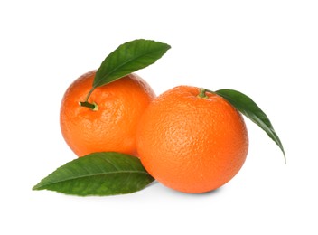 Photo of Fresh ripe oranges with green leaves on white background