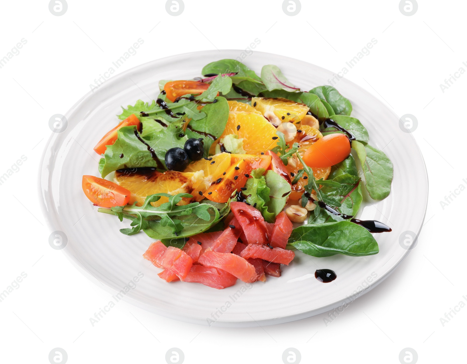 Photo of Delicious salad with salmon isolated on white