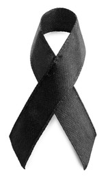 Photo of Black ribbon isolated on white, top view. World Cancer Day