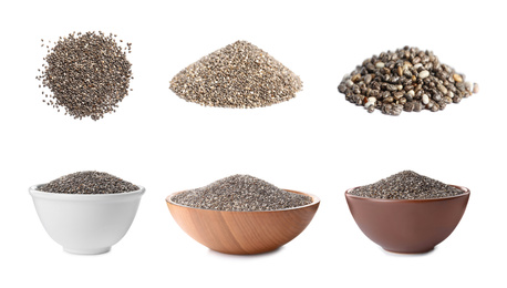 Image of Set of chia seeds on white background. Banner design 