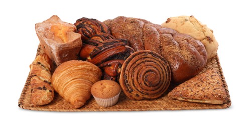 Different tasty freshly baked pastries isolated on white