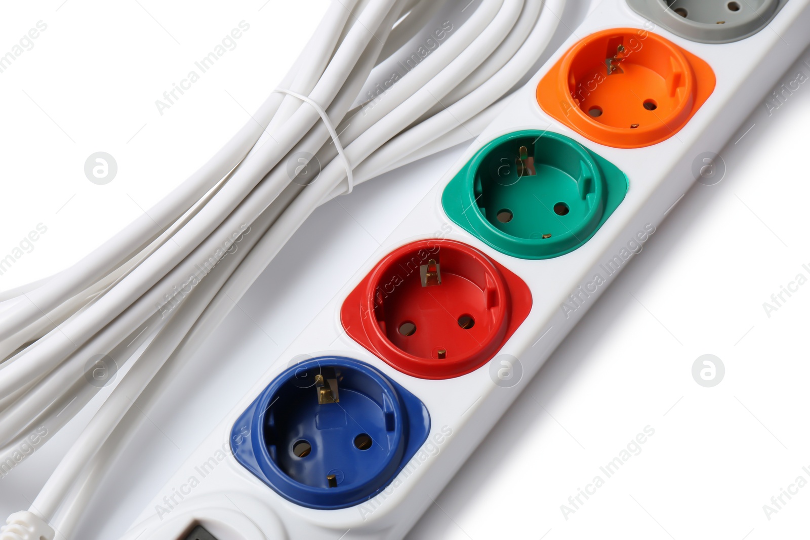 Photo of Extension cord on white background. Electrician's professional equipment