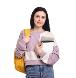 Photo of Smiling student with notebooks and backpack on white background