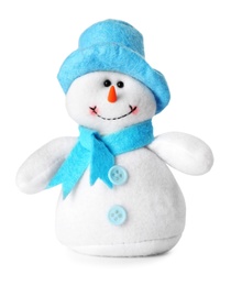 Cute small snowman toy isolated on white. Christmas decoration