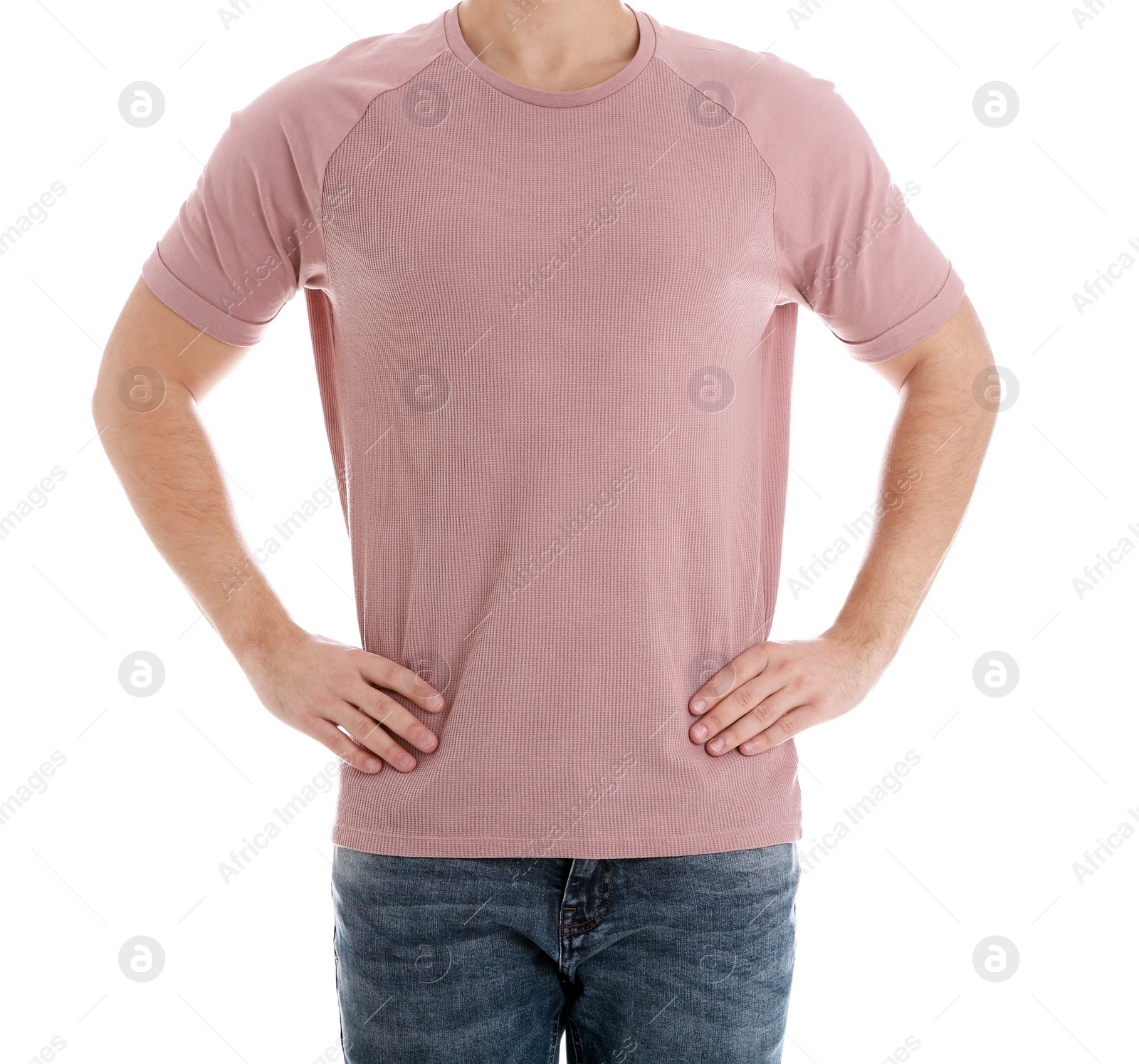 Photo of Young man on white background, closeup. Weight loss