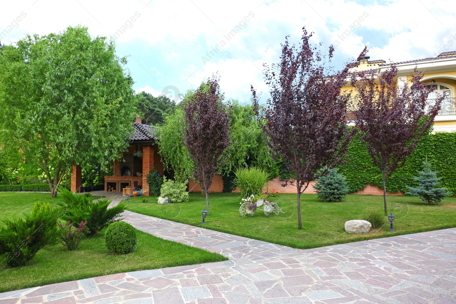 Photo of Landscape with beautiful green garden and gazebo on summer day