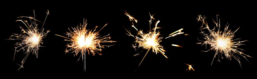 Image of Collage with bright burning sparklers on black background, banner design