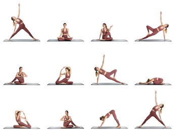 Young woman practicing yoga on white background, collage 