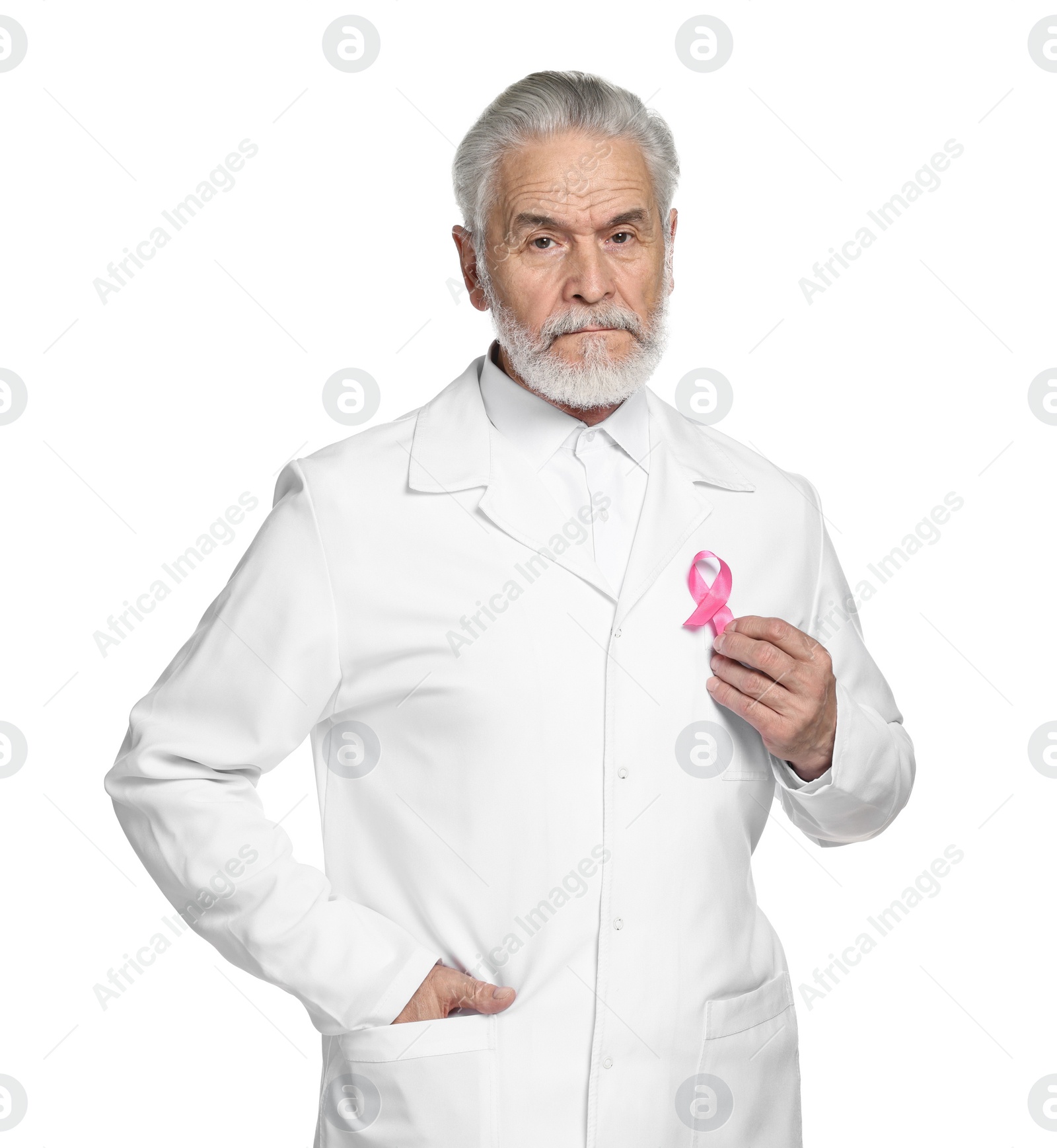 Photo of Mammologist with pink ribbon on white background. Breast cancer awareness