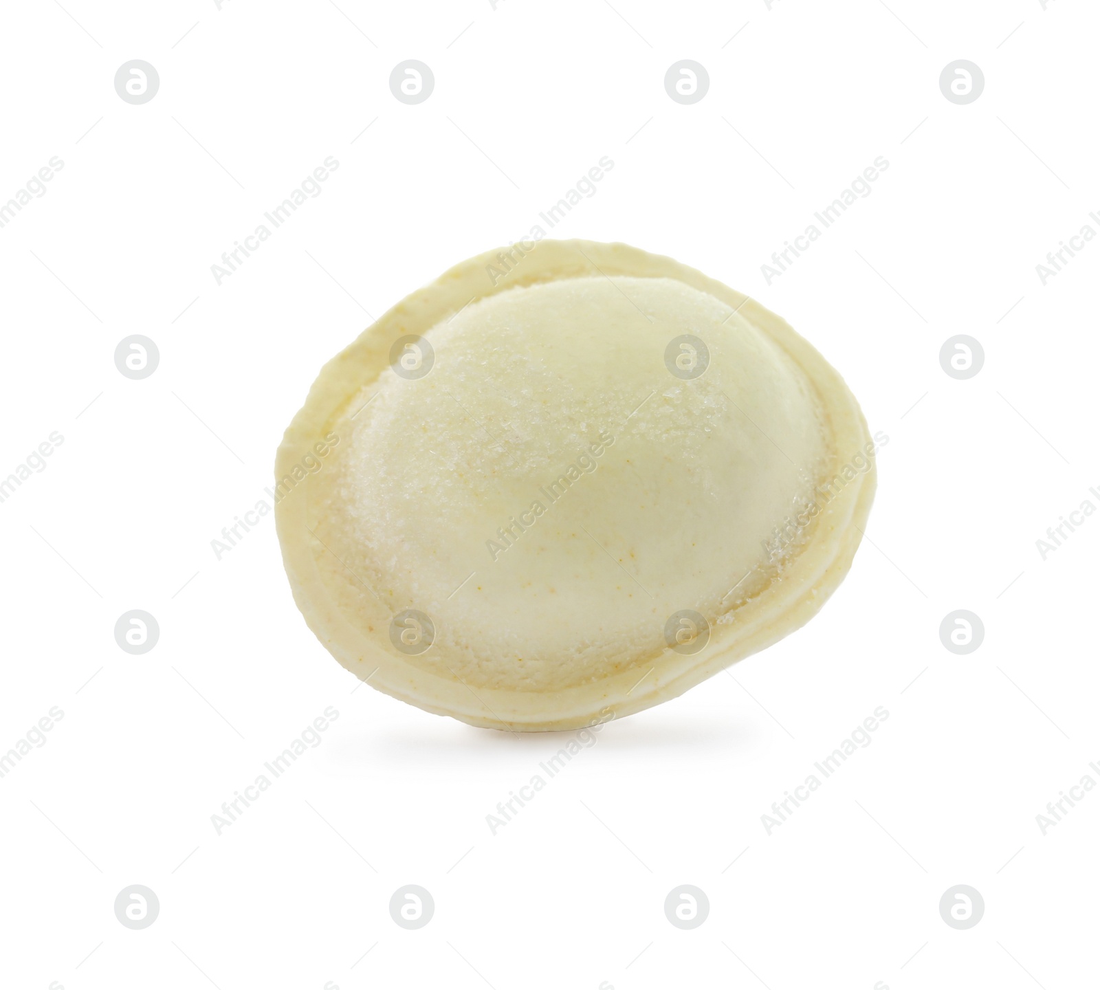 Photo of Raw dumpling with tasty filling on white background