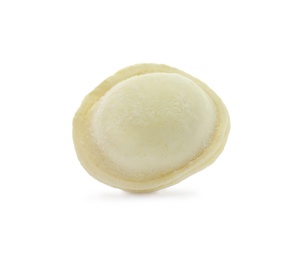 Photo of Raw dumpling with tasty filling on white background