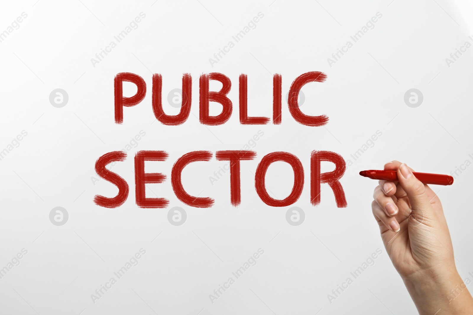 Image of Woman writing phrase PUBLIC SECTOR on glass against white background, closeup