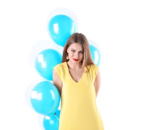 Photo of Young woman with air balloons on white background