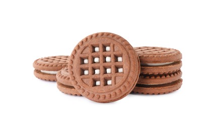 Tasty chocolate sandwich cookies with cream isolated on white