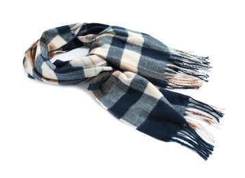 Photo of One beautiful checkered scarf on white background