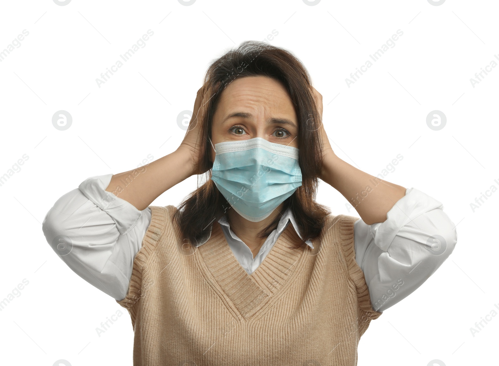 Photo of Mature woman in protective mask feeling fear on white background