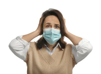 Photo of Mature woman in protective mask feeling fear on white background