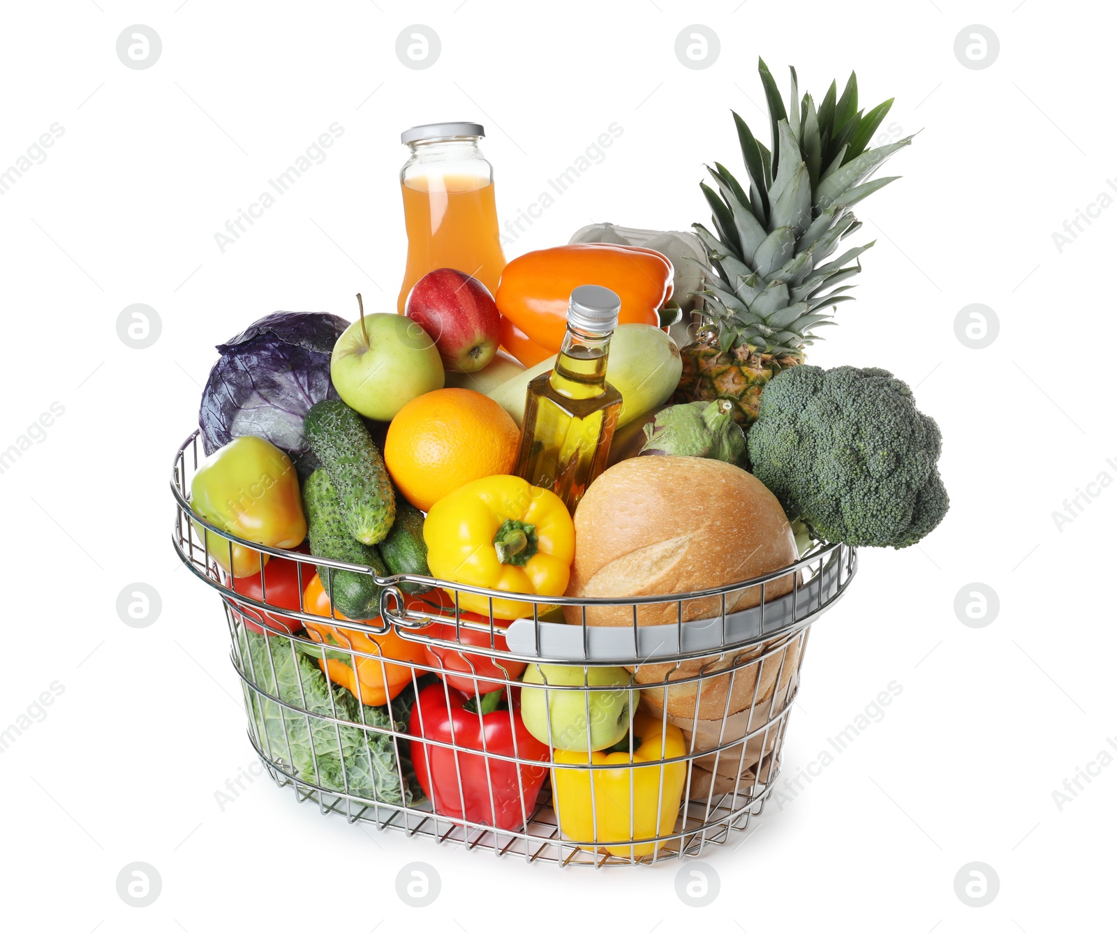 Photo of Shopping basket with grocery products on white background