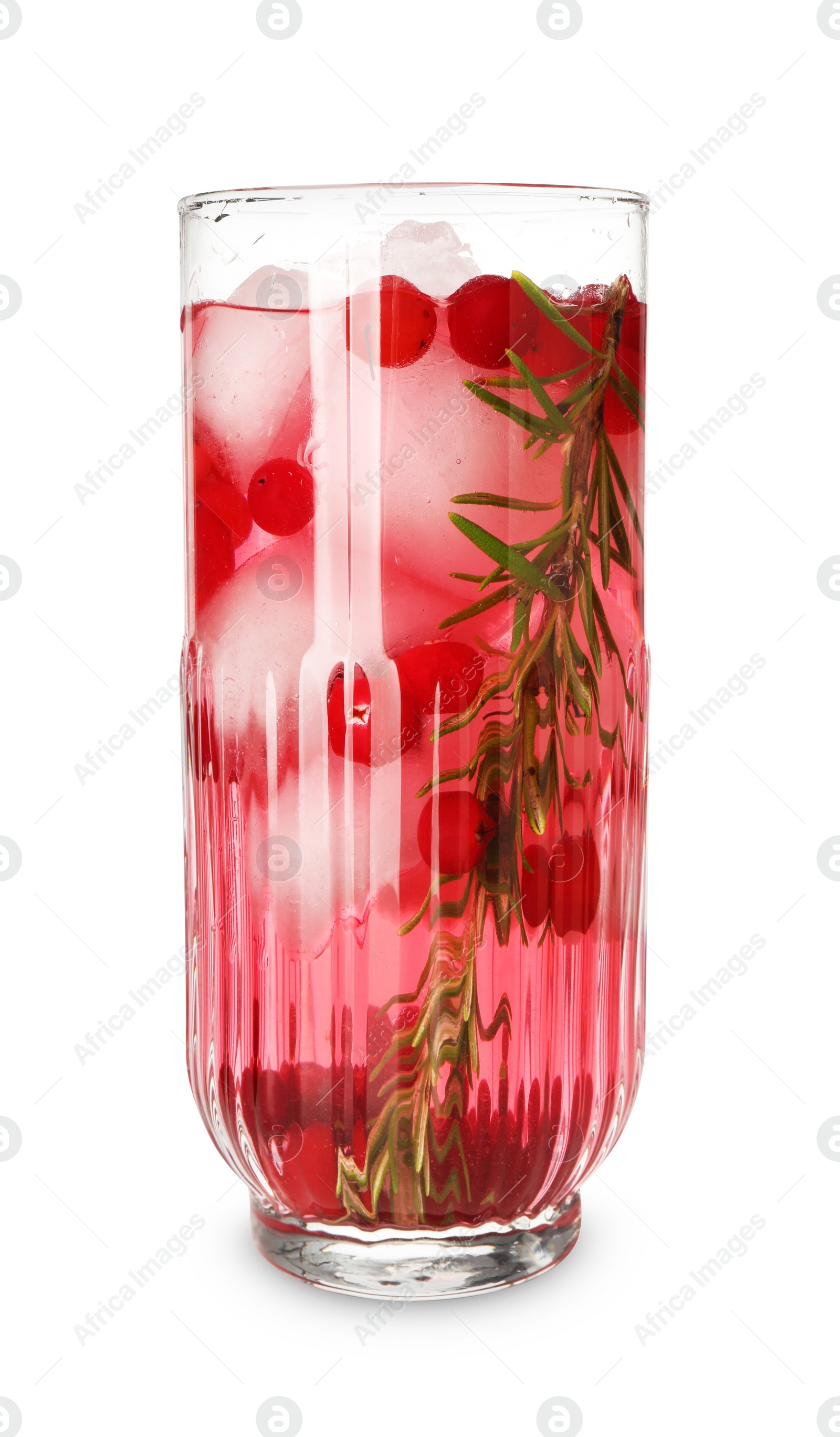 Photo of Tasty cranberry cocktail with ice cubes and rosemary in glass isolated on white