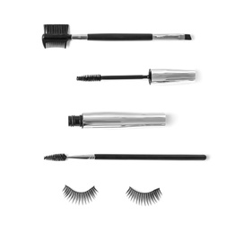 Composition with false eyelashes and mascara on white background, flat lay