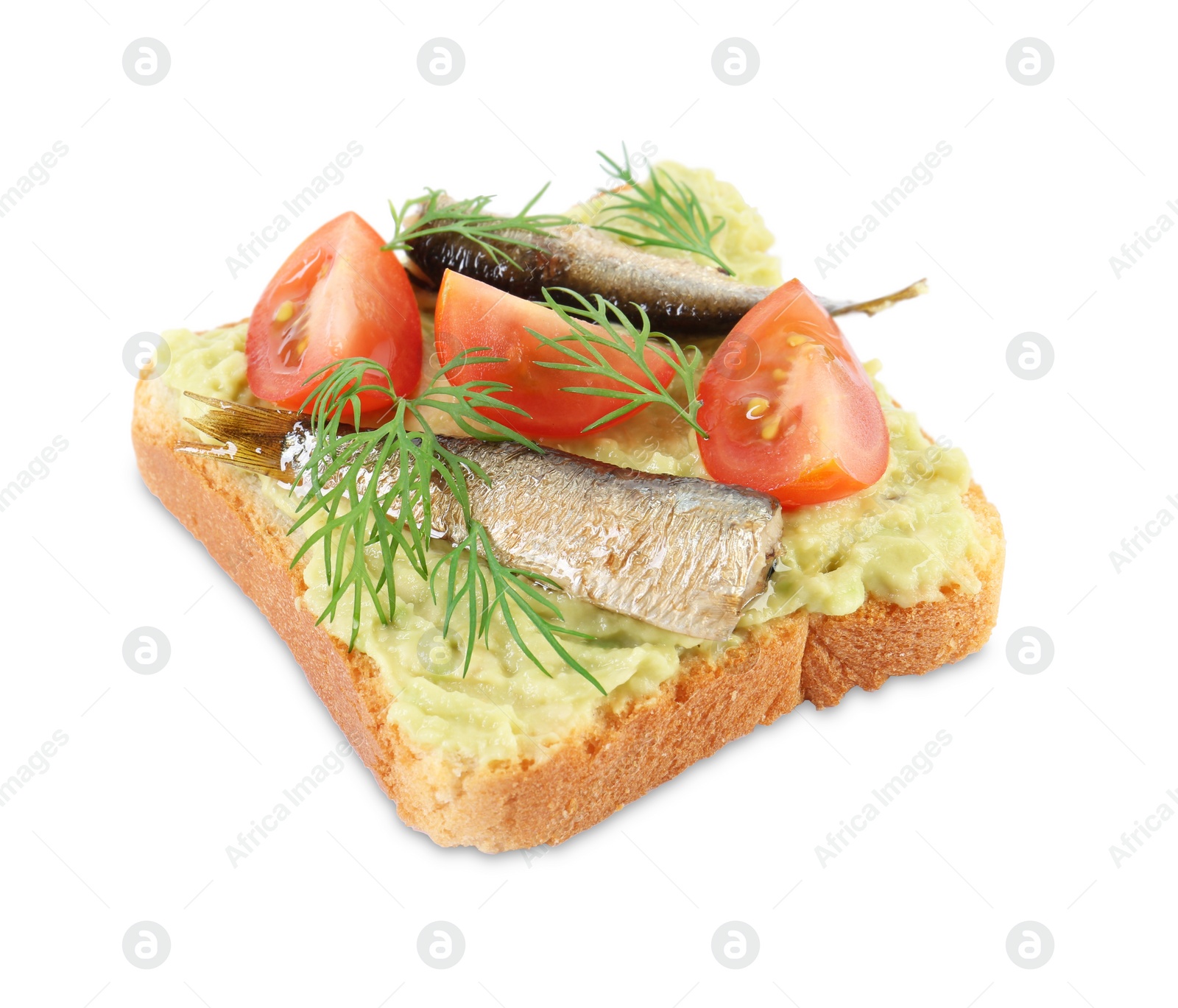 Delicious sandwich with sprats, tomatoes, dill and avocado puree isolated on white Photo of Delicious sandwich with sprats, tomatoes, dill and avocado puree isolated on white