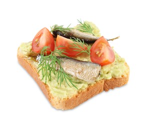 Photo of Delicious sandwich with sprats, tomatoes, dill and avocado puree isolated on white