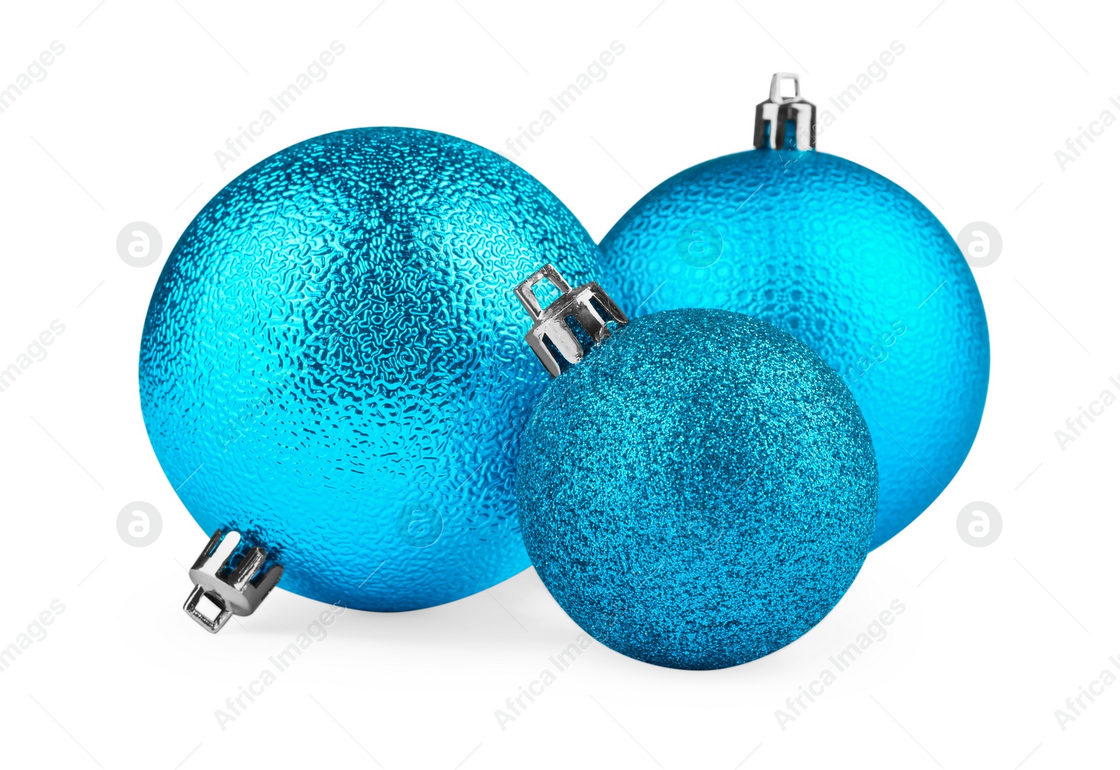 Photo of Beautiful light blue Christmas balls isolated on white