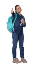 Photo of Teenage girl with books and backpack showing thumb up on white background