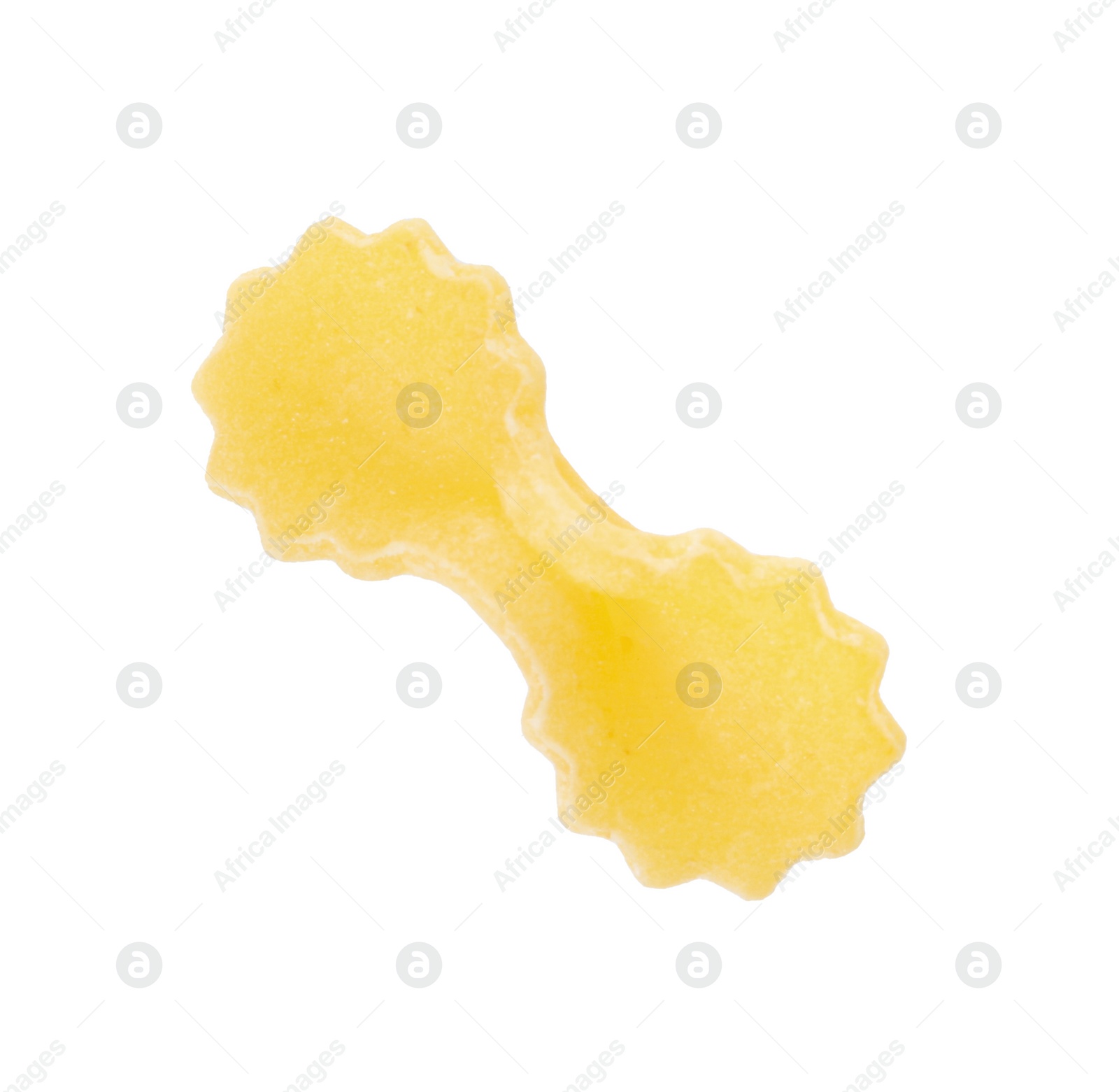 Photo of One piece of raw farfalline pasta isolated on white, top view