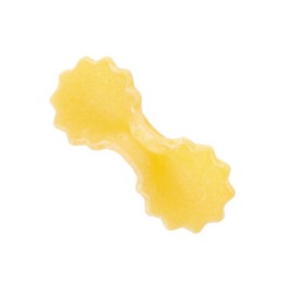 Photo of One piece of raw farfalline pasta isolated on white, top view