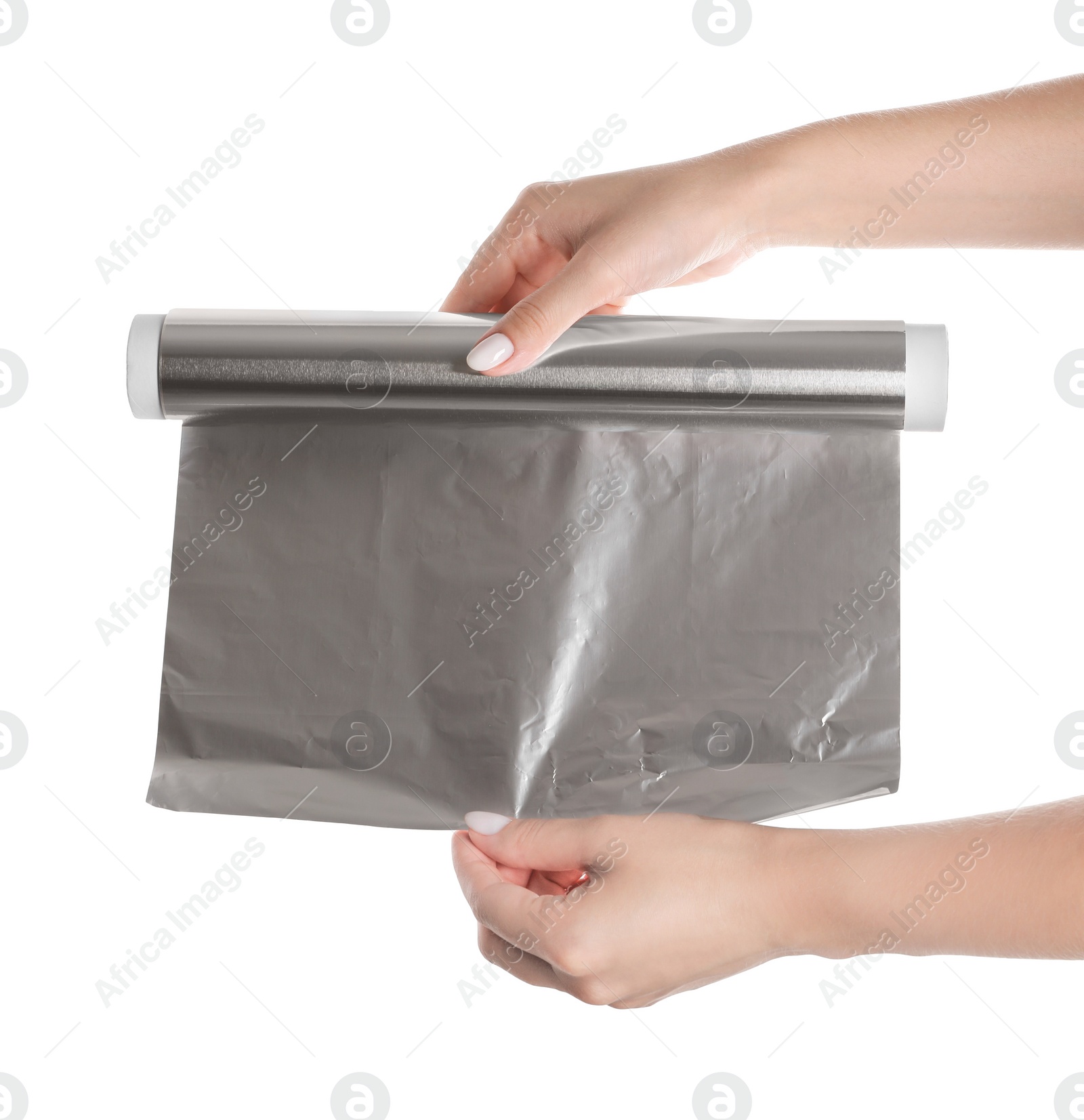 Photo of Woman holding roll of aluminum foil on white background, closeup