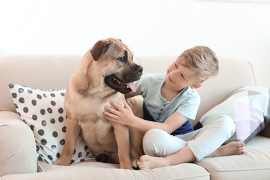 Cute little child with his dog on couch at home