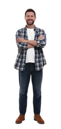 Photo of Happy man with crossed arms on white background