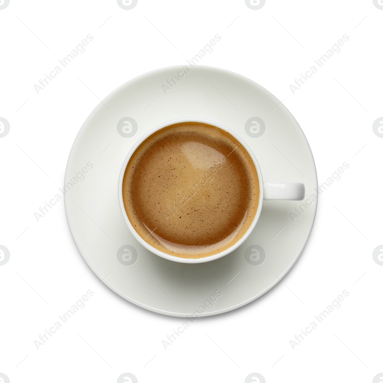 Photo of Cup of aromatic hot coffee on white background, top view