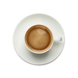 Cup of aromatic hot coffee on white background, top view