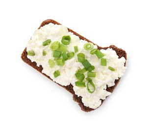 Photo of Bread with cottage cheese and green onion isolated on white, top view