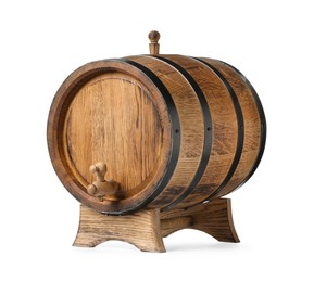 Photo of One wooden barrel with tap on white background