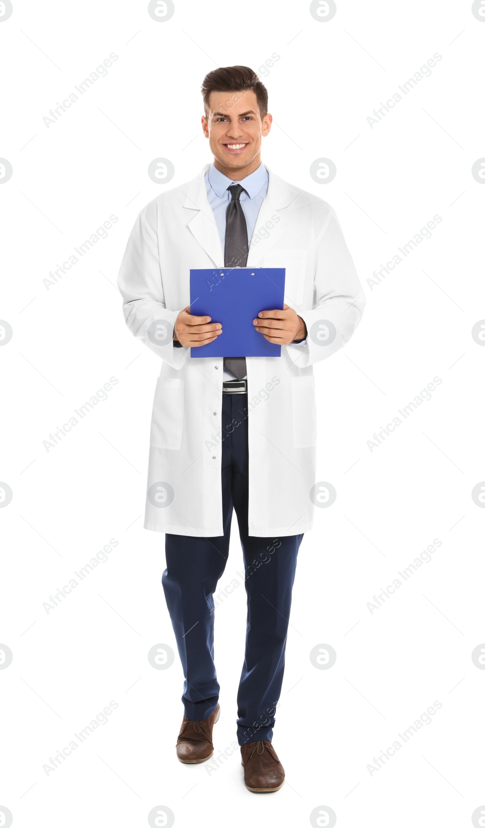 Photo of Full length portrait of medical doctor with clipboard isolated on white