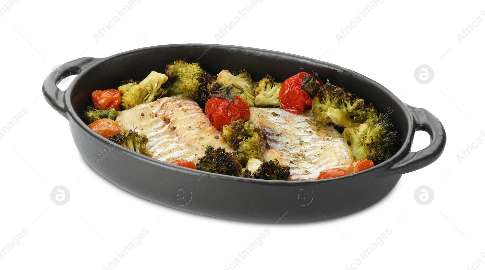 Photo of Tasty cod cooked with vegetables in baking tray isolated on white