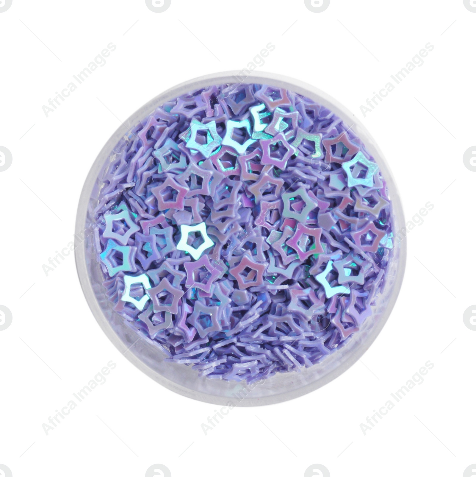 Photo of Violet sequins in shape of stars on white background, top view